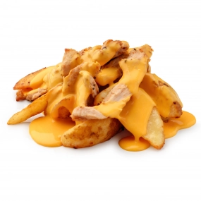 Картофельные дольки из печи с курицей под соусом чеддер